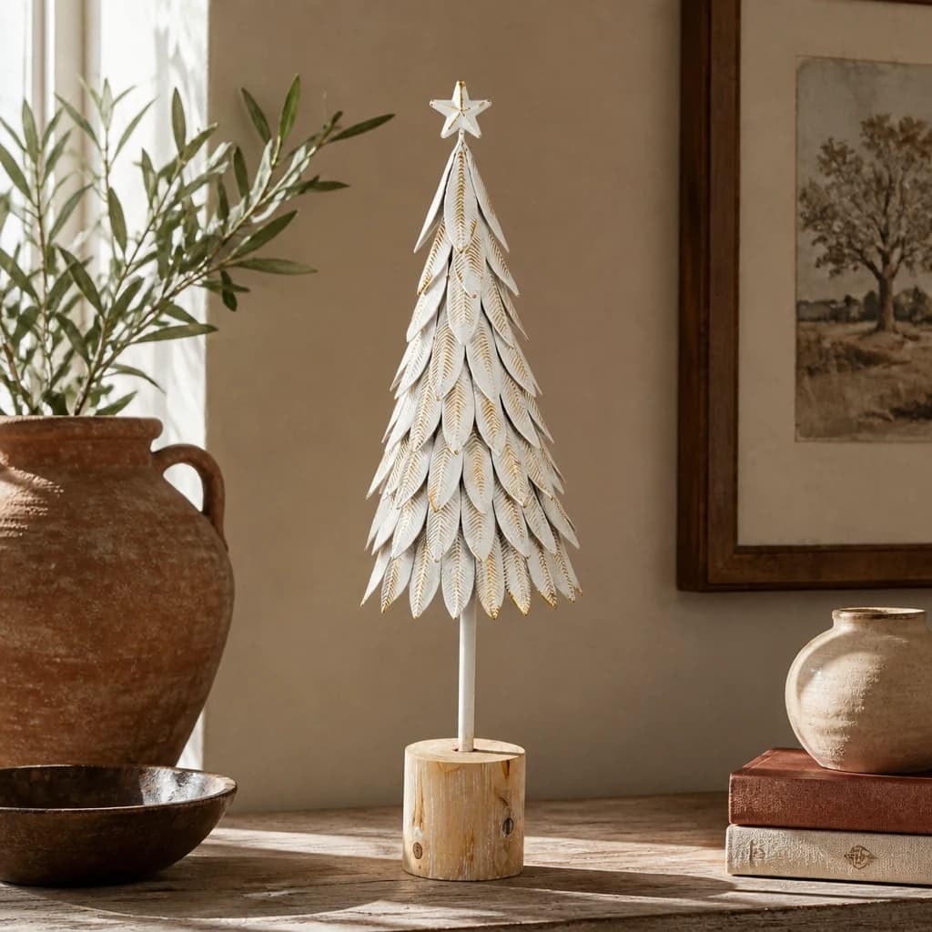 Large White Metal Christmas Tree on Wooden Stand - Decorative, photo 1 of 3