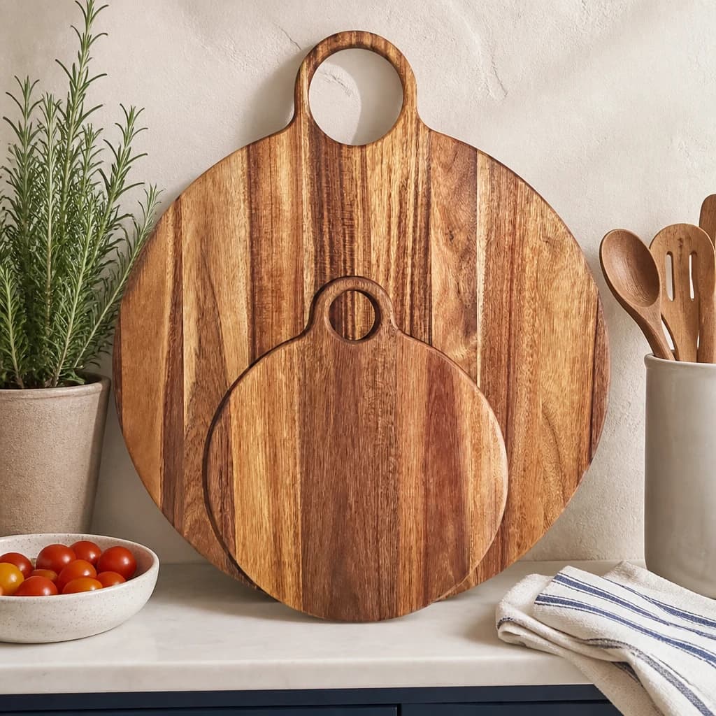 Small Round Acacia Serving Board With Handle - Trays & baskets, photo 1 of 2