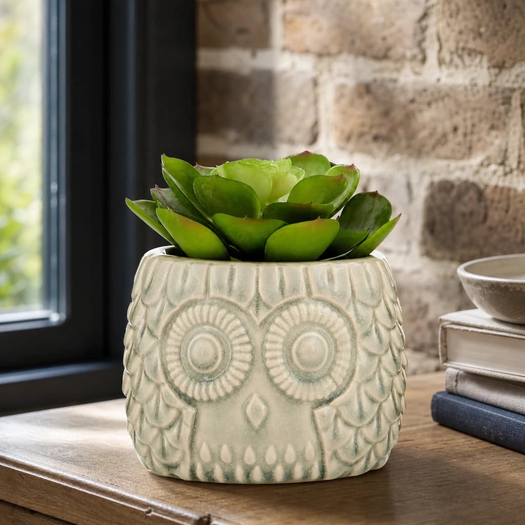 Fiori Large Succulent in Grey Ceramic Owl Pot - Decorative, photo 1 of 8