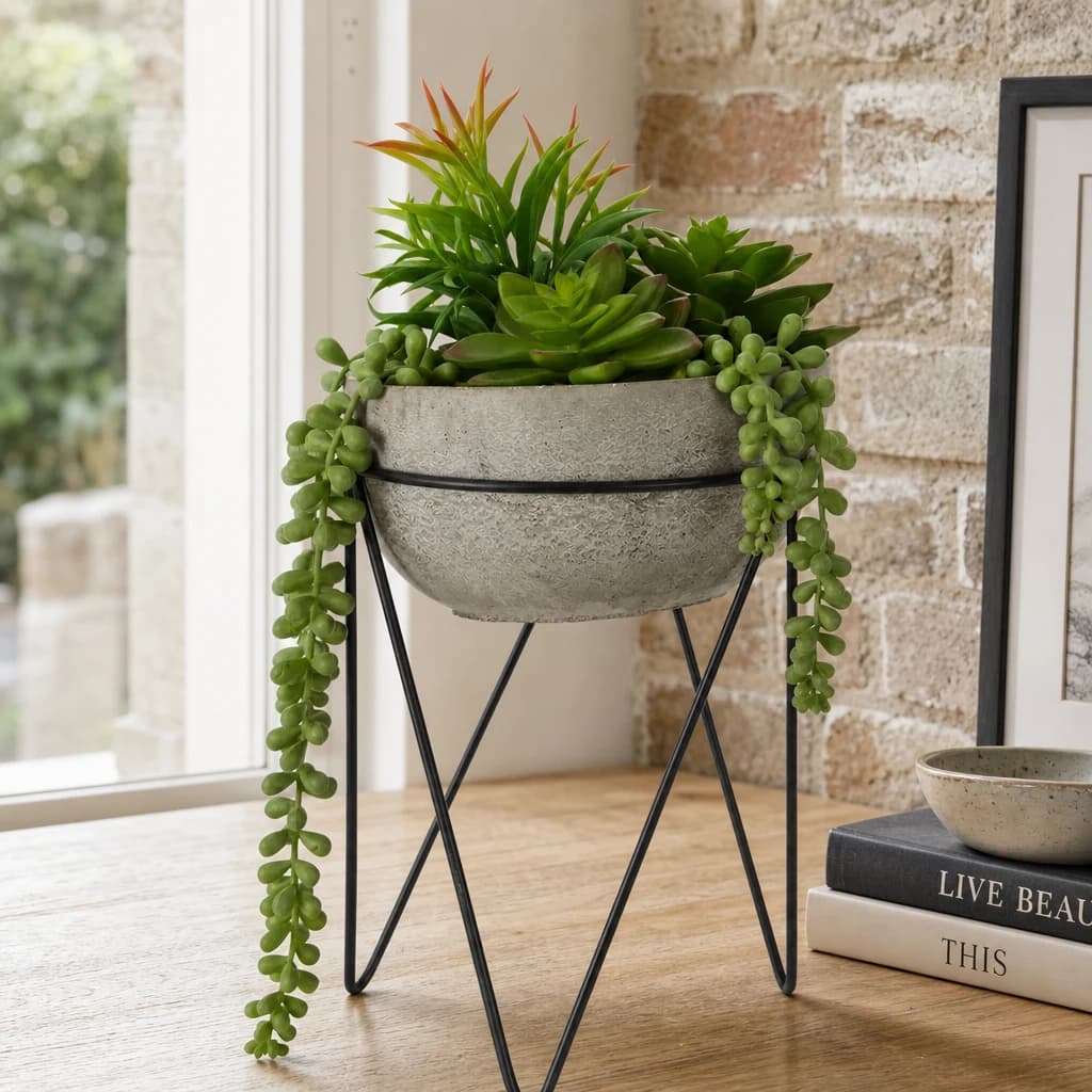 Fiori Mixed Succulent in Grey Cement Pot with Metal Stand - Decorative, photo 1 of 8