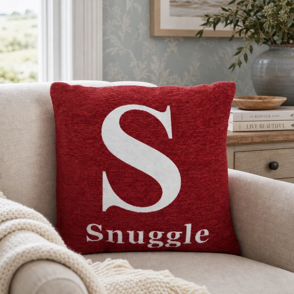 Words 'Snuggle' Red Cushion - Decorative, photo 1 of 2