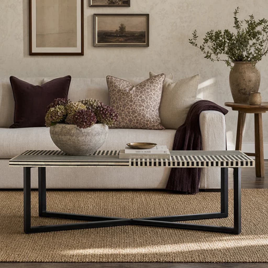 Boho Black and White Bone Inlay Coffee Table - Tables, photo 1 of 7