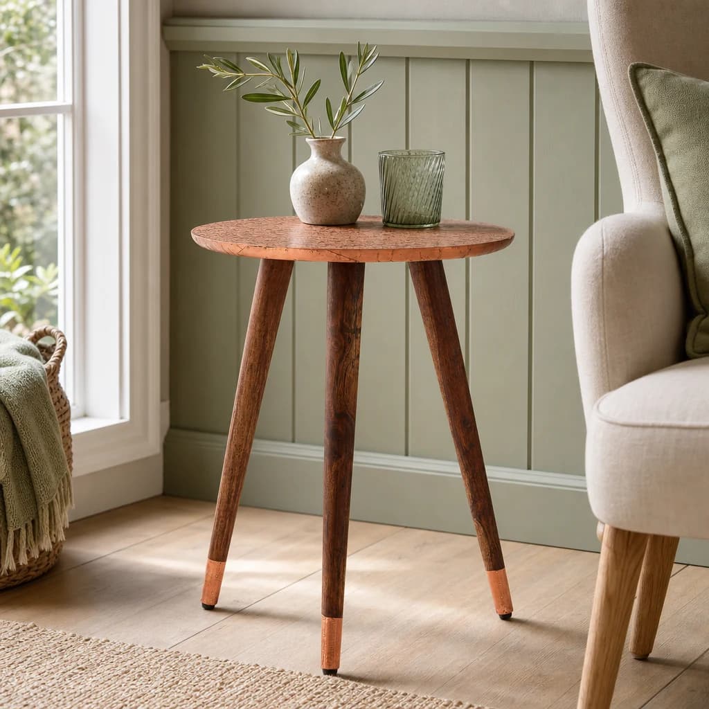 Boho Copper Finish Carved Metal Top Side Table - Tables, photo 1 of 6