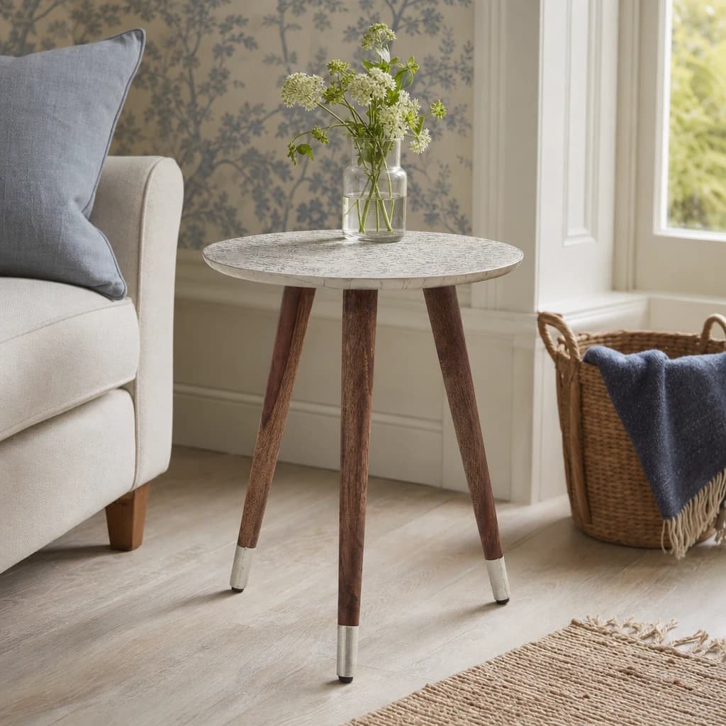 Boho White Finish Carved Metal Top Side Table - Tables, photo 1 of 6