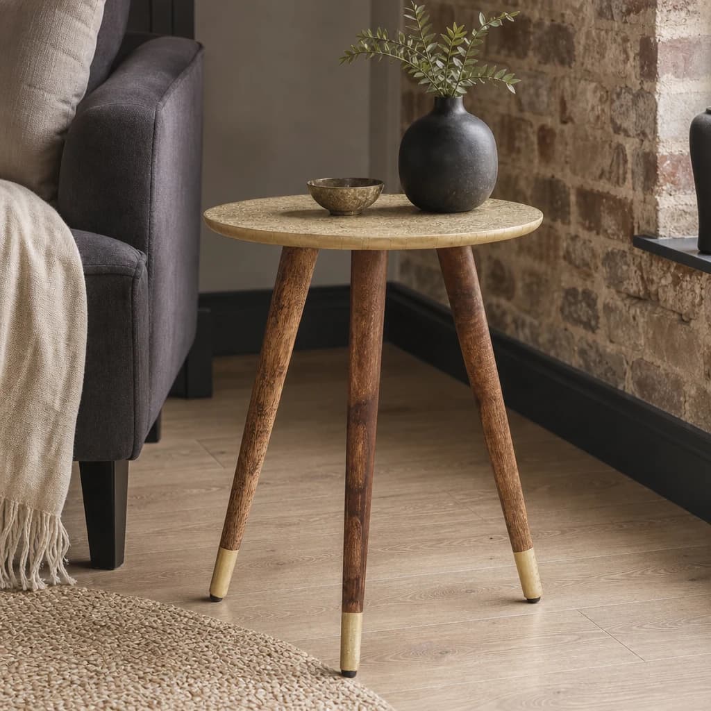 Boho Gold Finish Carved Metal Top Side Table - Tables, photo 1 of 6