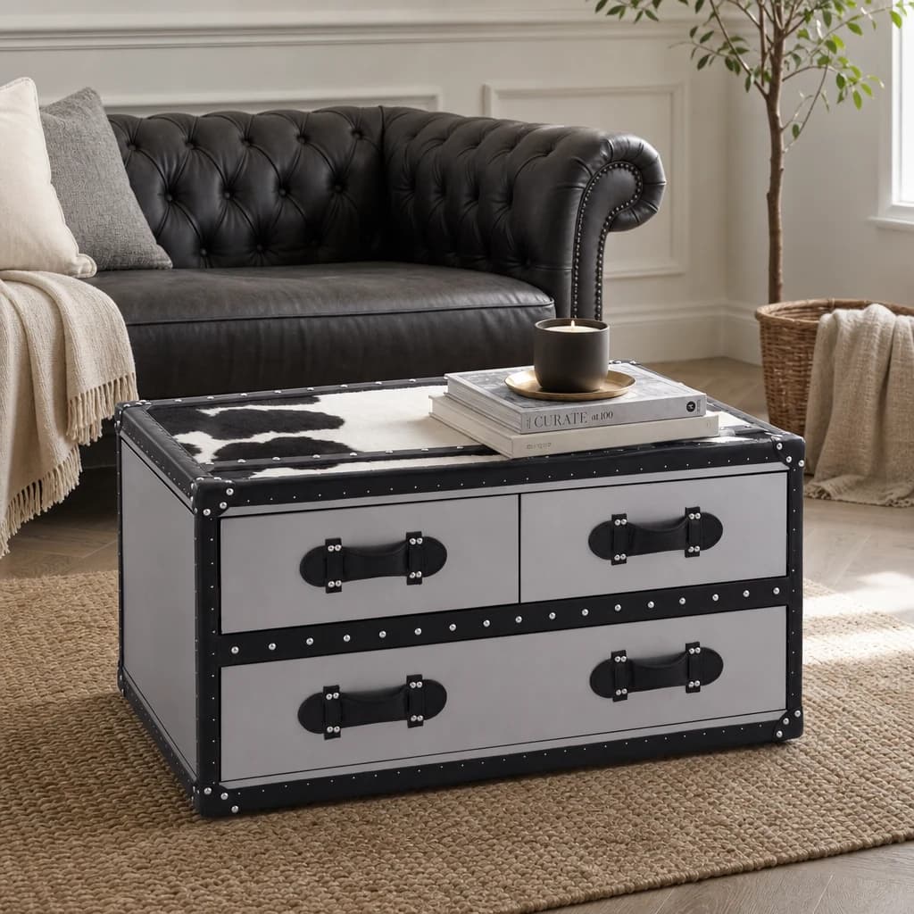 Kensington Townhouse Black And White Hair on Leather Coffee Table - Tables, photo 1 of 8