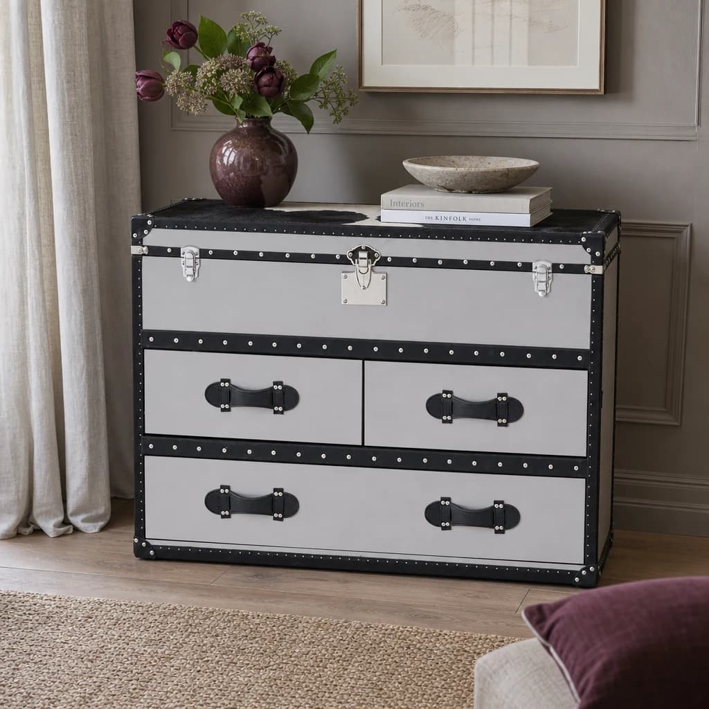 Kensington Townhouse Black And White Hair on Leather 3 Drawer Cabinet - Bookcases & shelving, photo 1 of 8