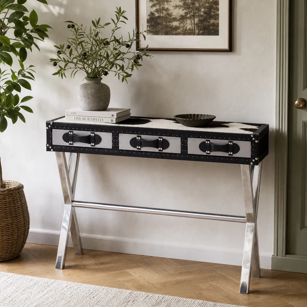 Kensington Townhouse Black And White Hair on Leather Console Table - Tables, photo 1 of 8