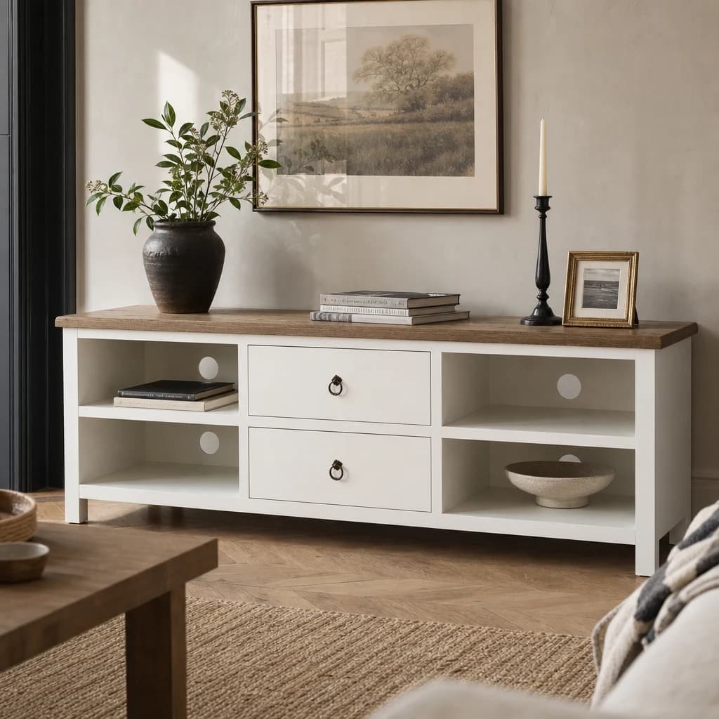 Hampstead White Media Unit with Oak Wood Top - Bookcases & shelving, photo 1 of 6
