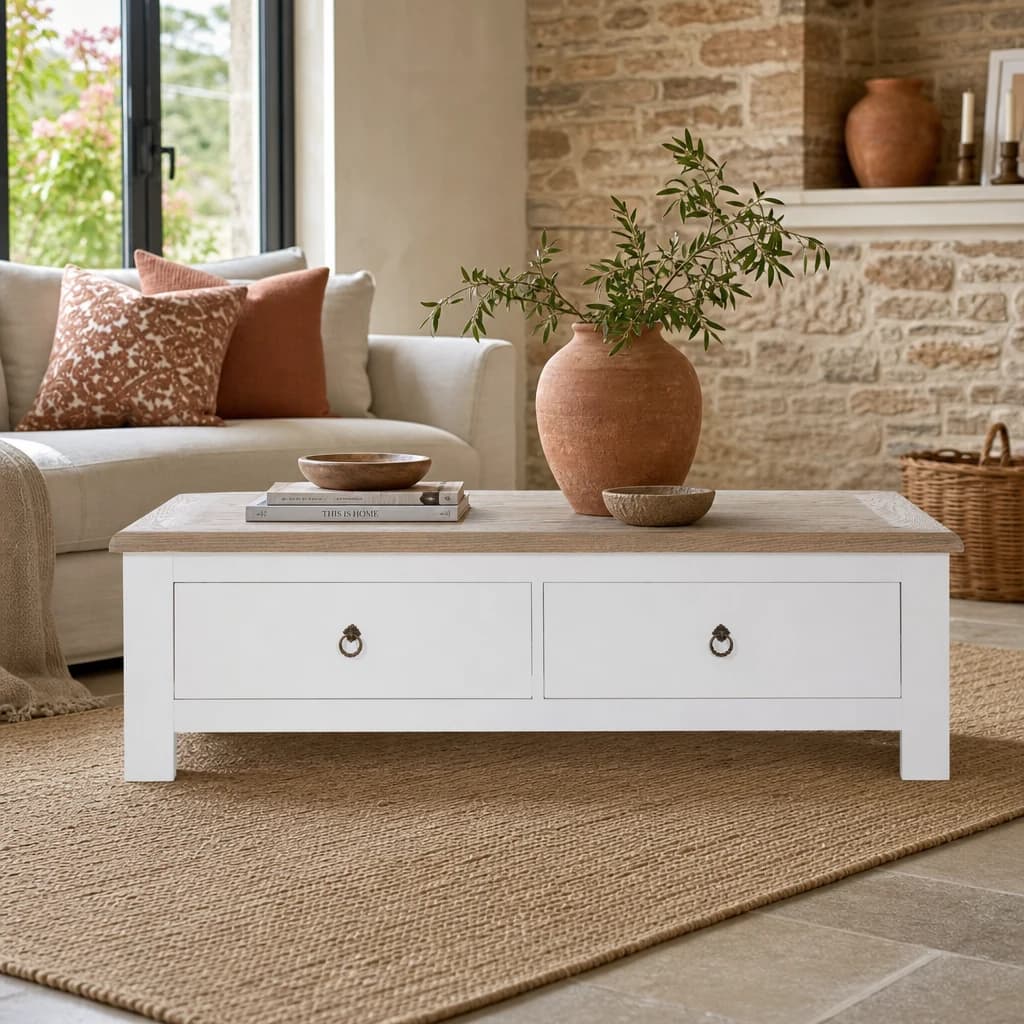 Hampstead White and Oak Wood Coffee Table with Drawers - Tables, photo 1 of 6