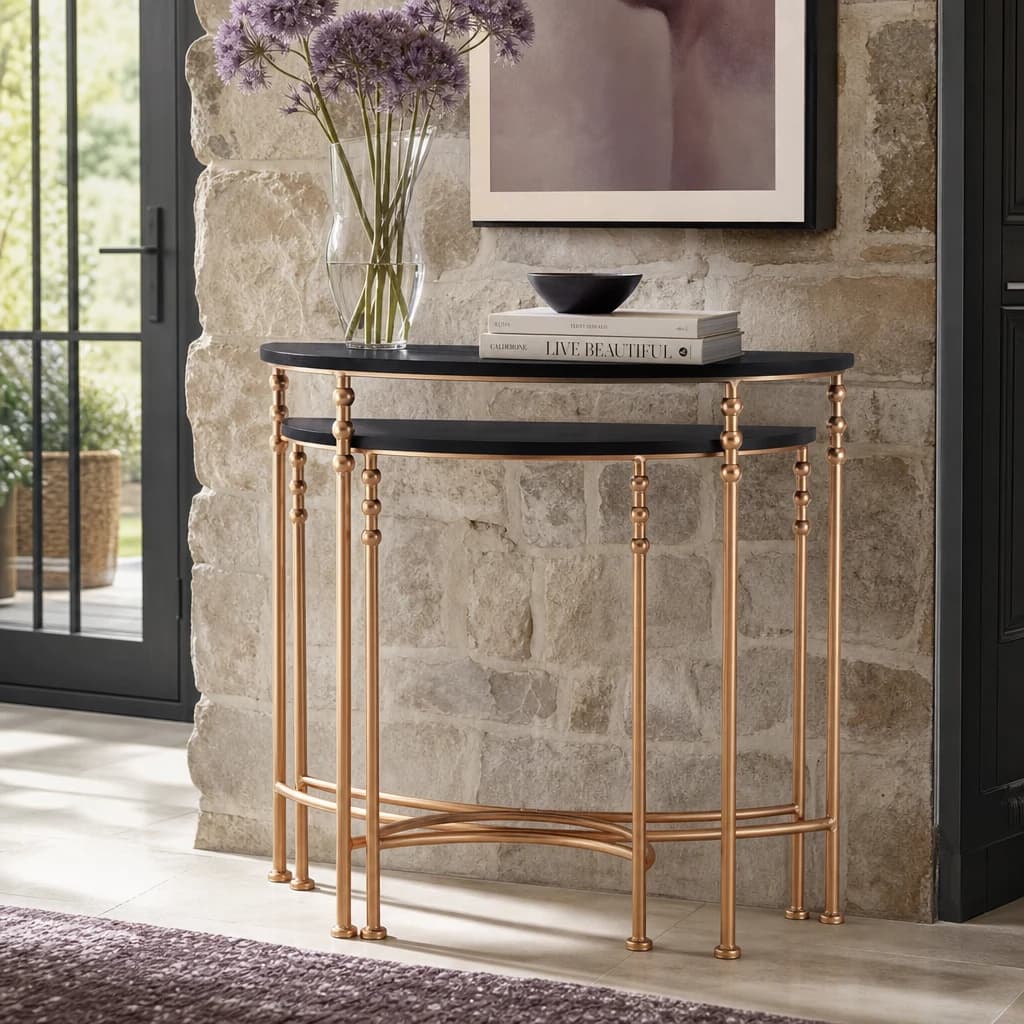 Lexa Black and Rose Gold Finish Set of 2 Half Moon Console Tables - Tables, photo 1 of 3
