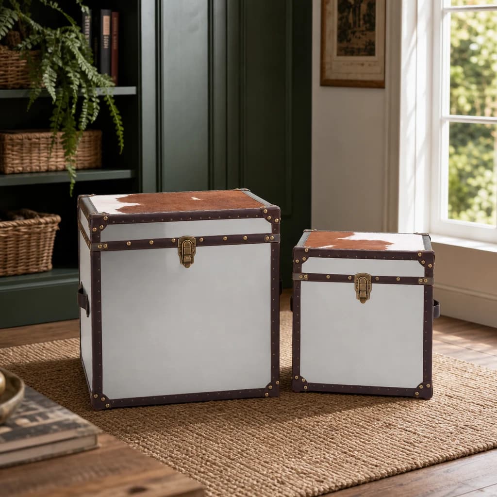 Kensington Townhouse Set of 2 Hair on Leather Storage Trunks - Bookcases & shelving, photo 1 of 7