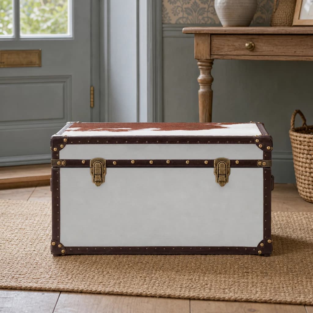 Kensington Townhouse Brown And White Hair on Leather Storage Trunk - Bookcases & shelving, photo 1 of 8