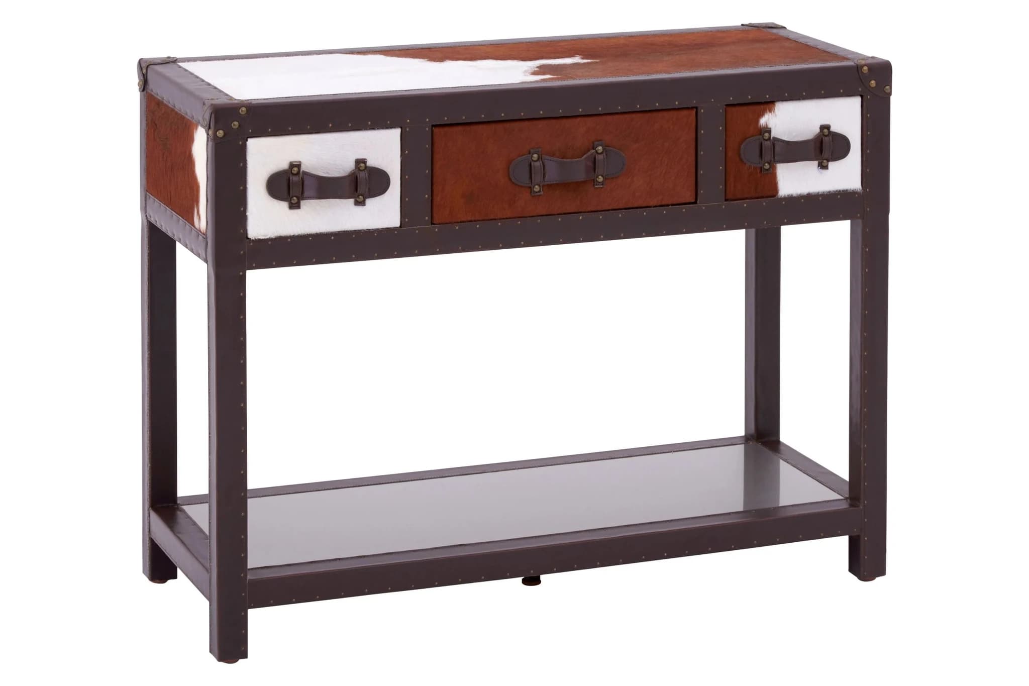 Kensington Townhouse Brown And White Hair on Leather 3 Drawer Console Table - Tables, photo 7 of 8
