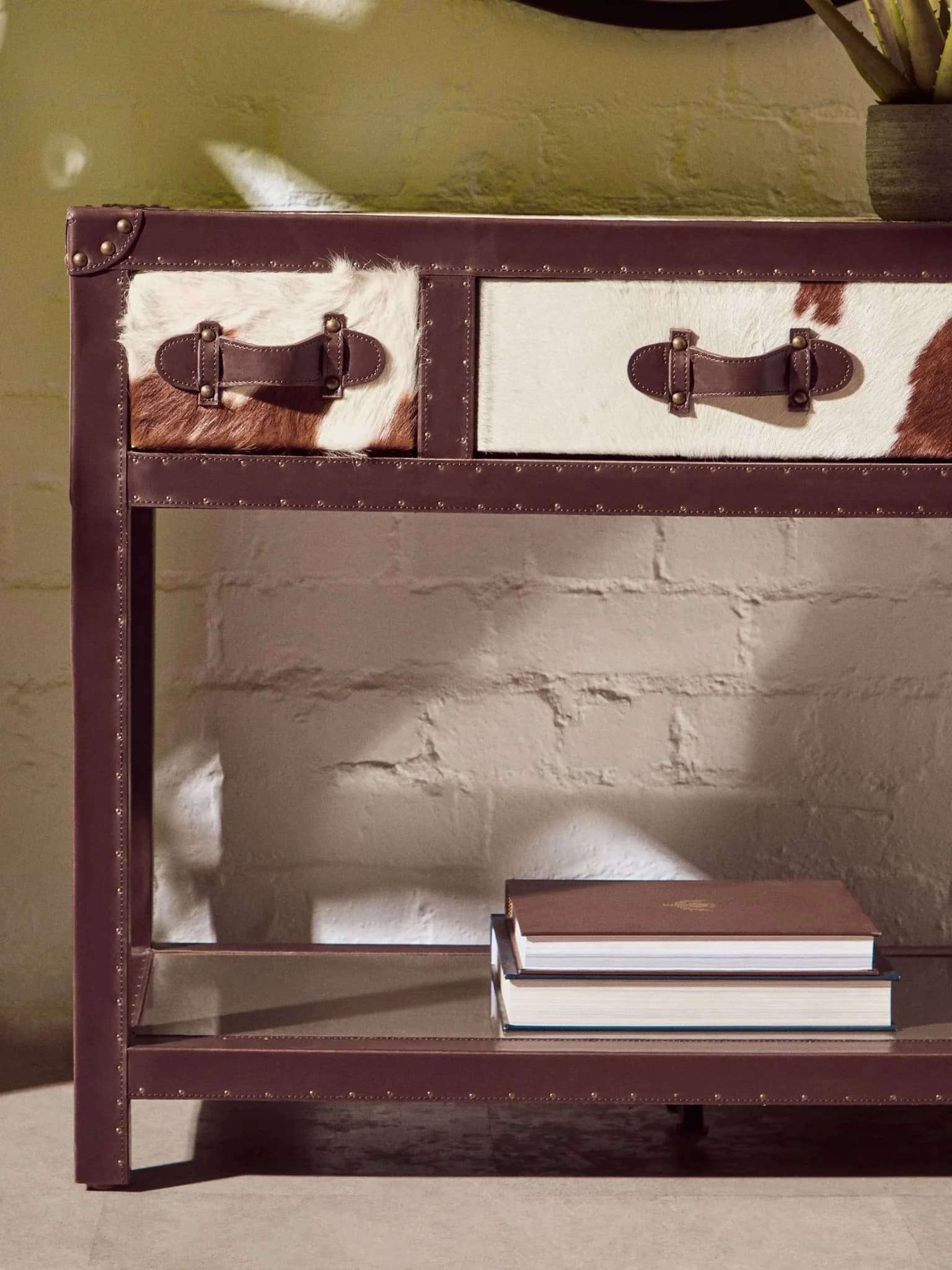 Kensington Townhouse Brown And White Hair on Leather 3 Drawer Console Table - Tables, photo 5 of 8