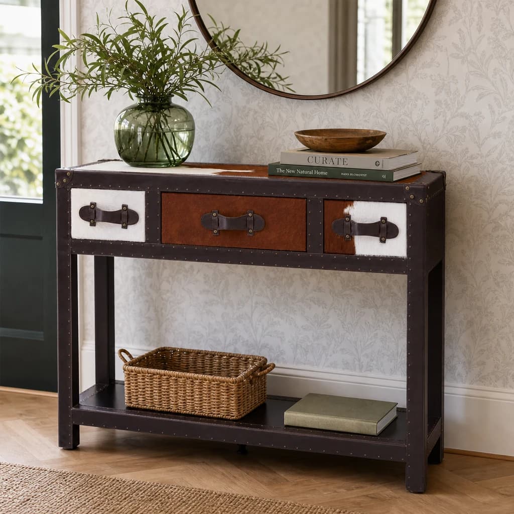 Kensington Townhouse Brown And White Hair on Leather 3 Drawer Console Table - Tables, photo 1 of 8