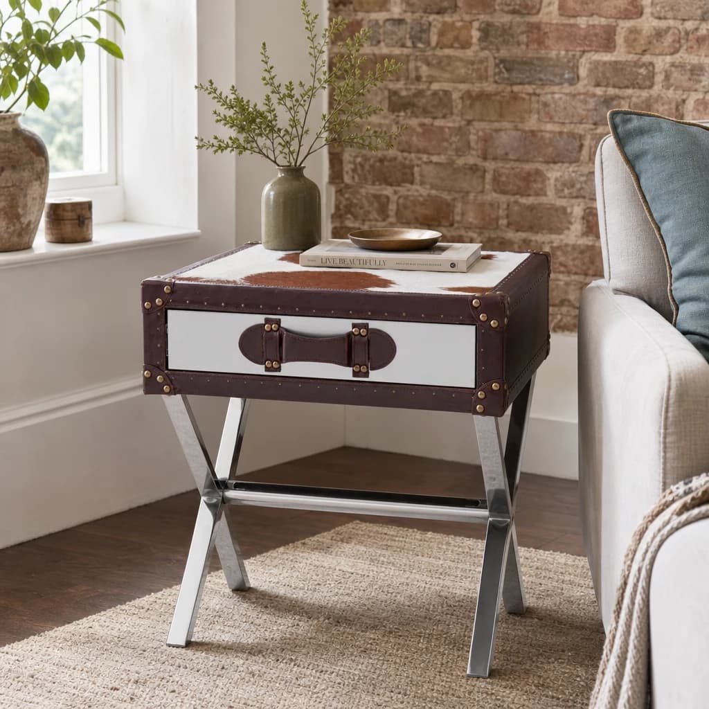 Kensington Townhouse Brown And White Hair on Leather Side Table - Tables, photo 1 of 6