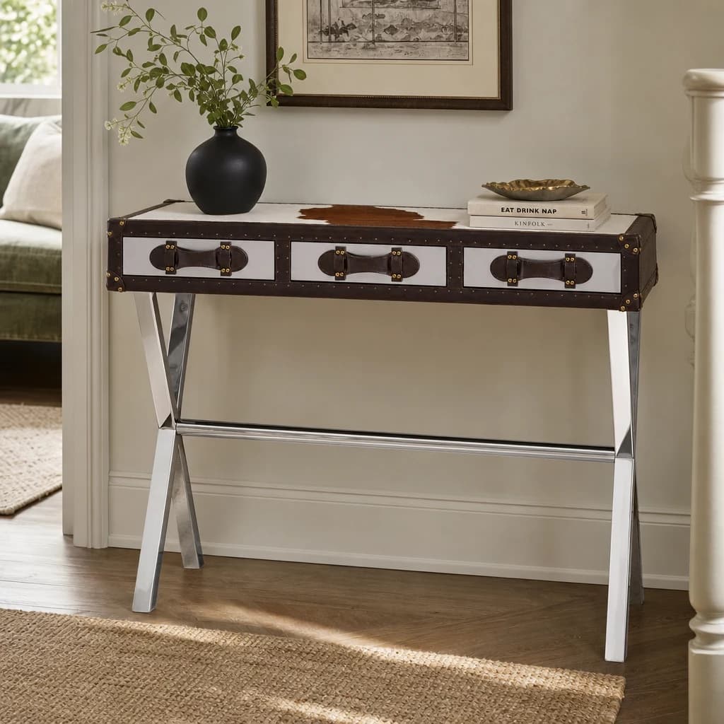 Kensington Townhouse Brown And White Genuine Cowhide Console Table - Tables, photo 1 of 8