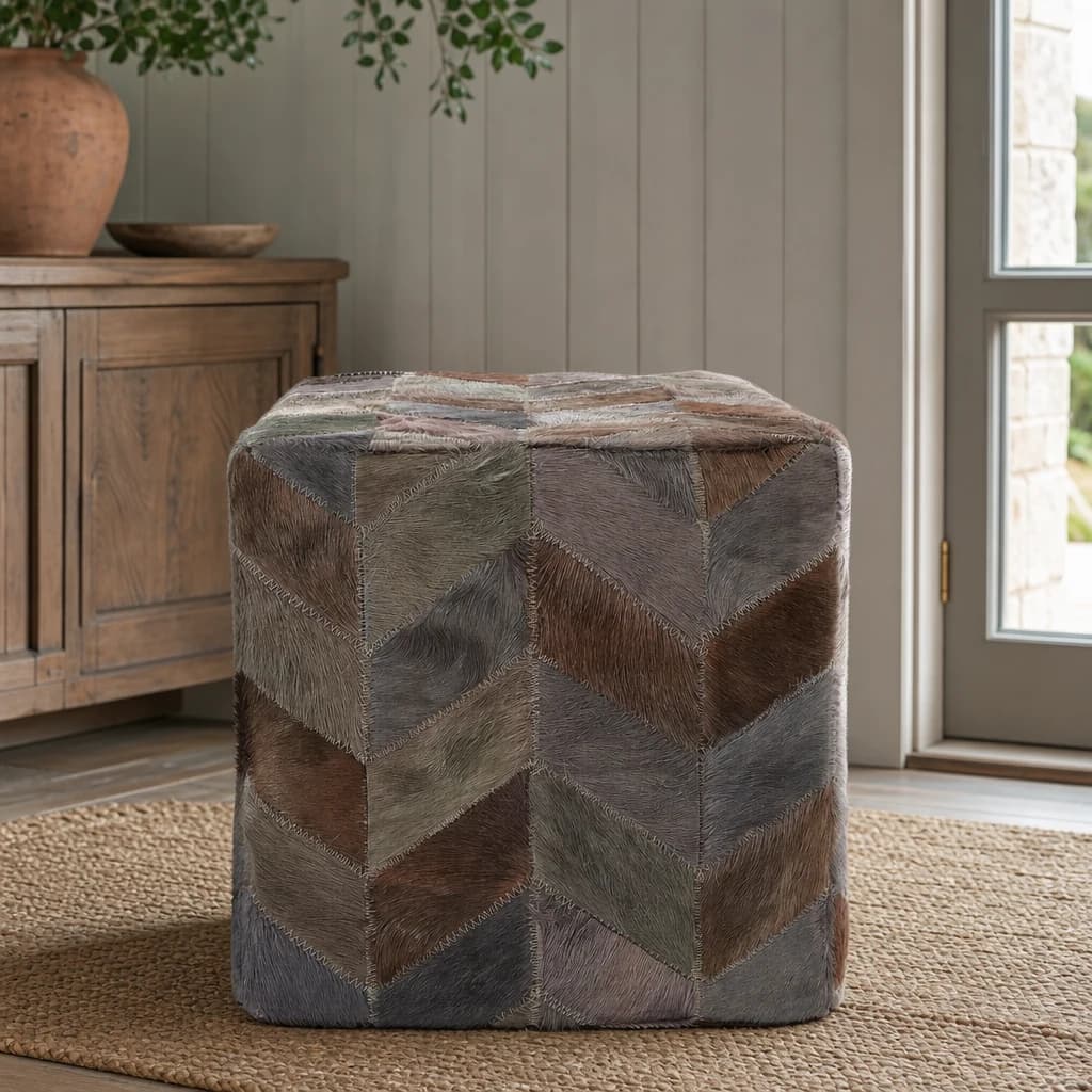 Safira Grey Leather Chevron Pouffe - Decorative, photo 1 of 5