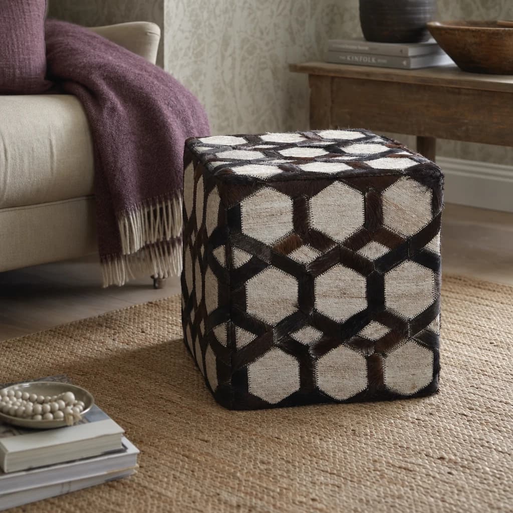 Safira Genuine Grey Leather Patchwork Pouffe - Decorative, photo 1 of 5