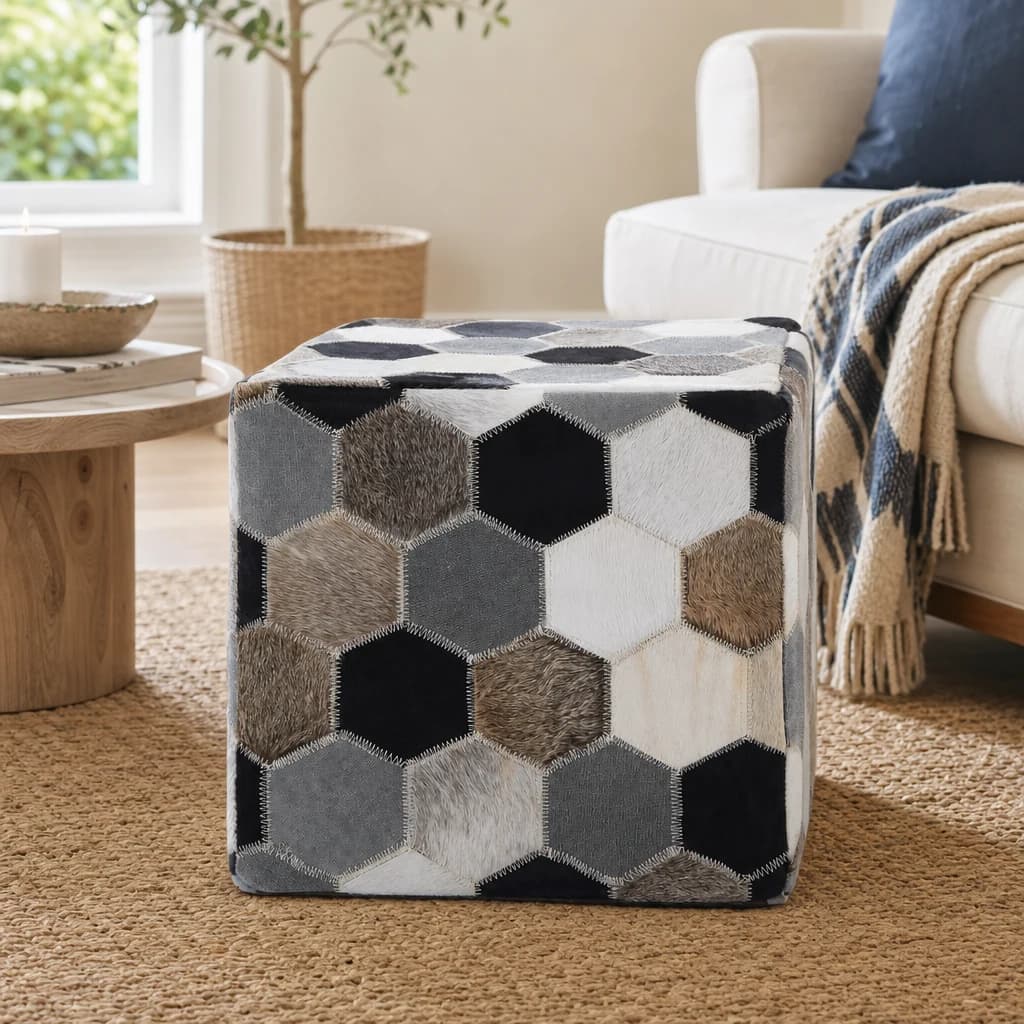 Safira Leather Patchwork Pouffe - Decorative, photo 1 of 5