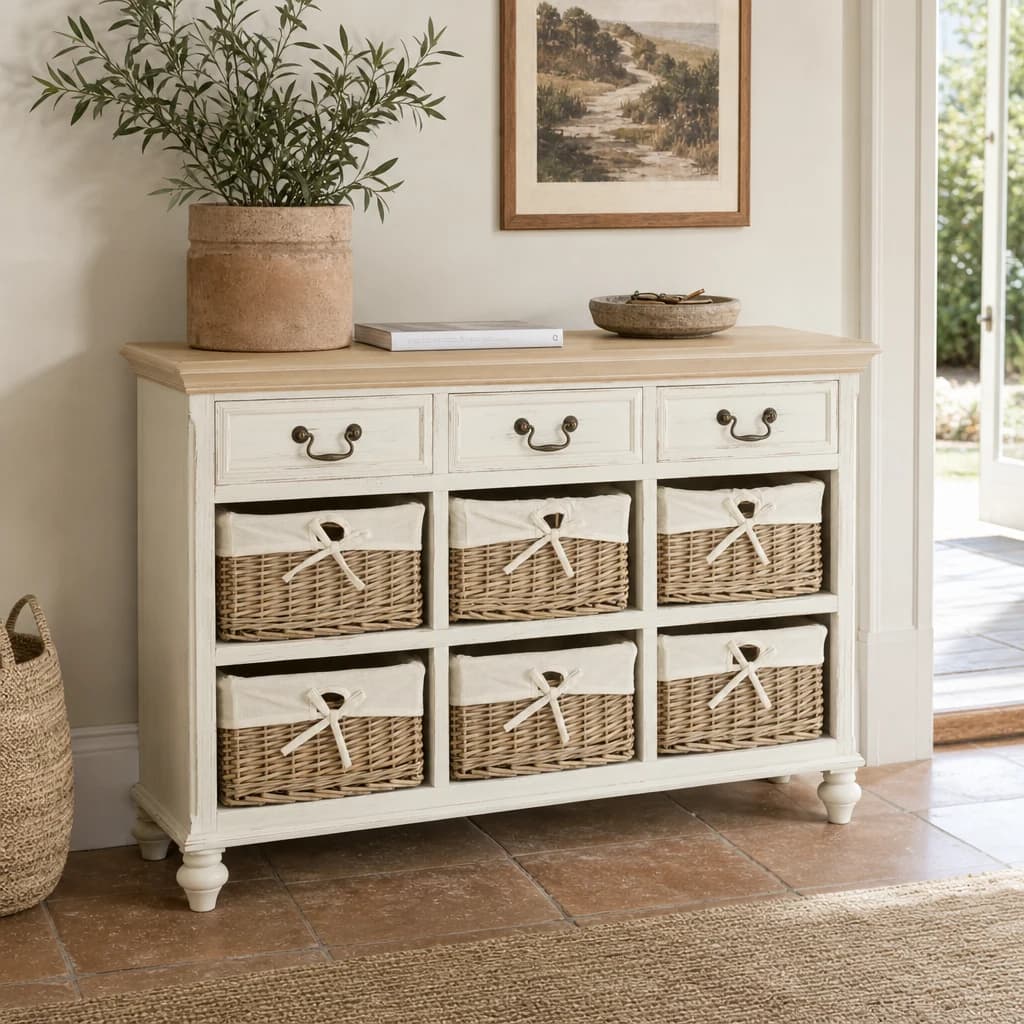 Hendra Ivory Storage Cabinet With 6 Willow Baskets - Bookcases & shelving, photo 1 of 8