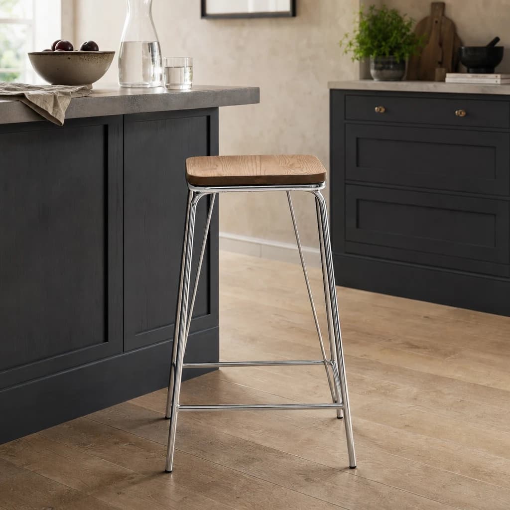 District Chrome Metal And Elm Wood Square Bar Stool - Seating, photo 1 of 5