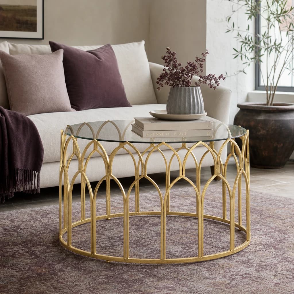 Merlin Gold Finish and Glass Round Coffee Table - Tables, photo 1 of 3