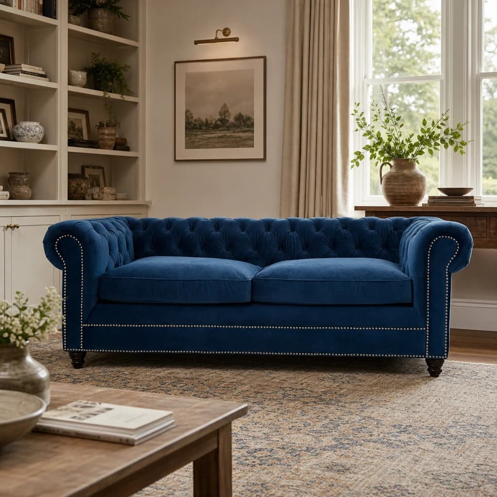 Stella Midnight Blue Velvet 3 Seater Chesterfield Sofa - Seating, photo 1 of 8