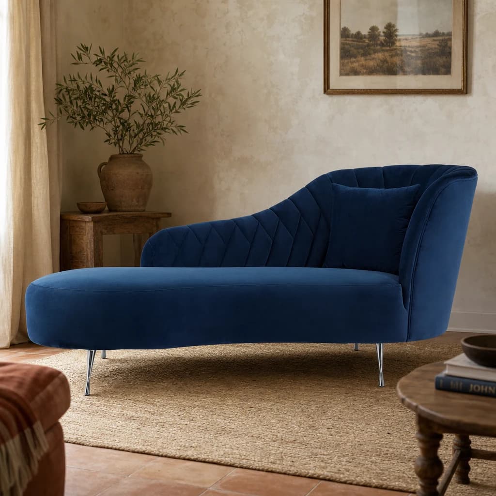 Rene Dark Blue Velvet Right Hand Chaise Longue - Seating, photo 1 of 6