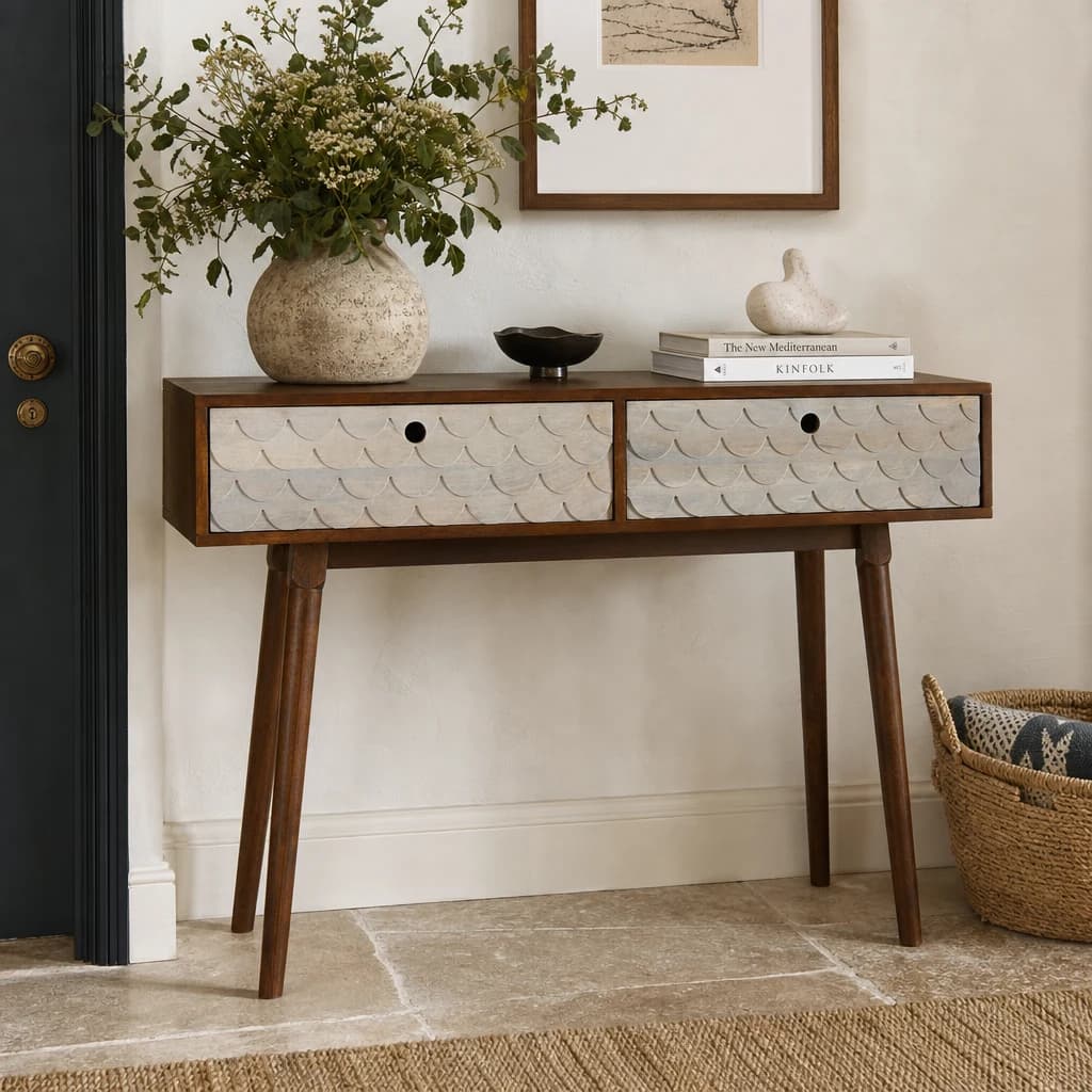 Costal Carved Mango Wood Console Table with 2 Drawers - Tables, photo 1 of 8