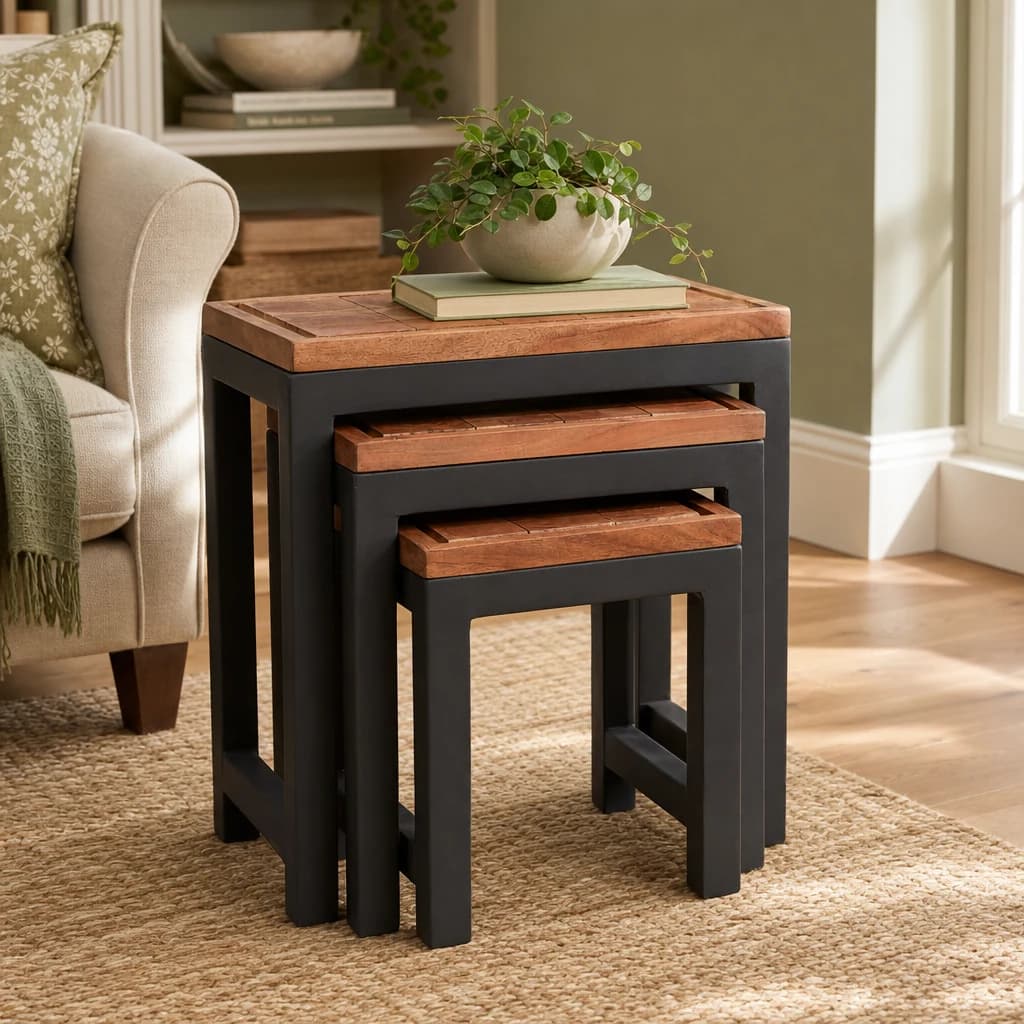 Artisan Set of Three Acacia Wood and Metal Nesting Tables - Tables, photo 1 of 5