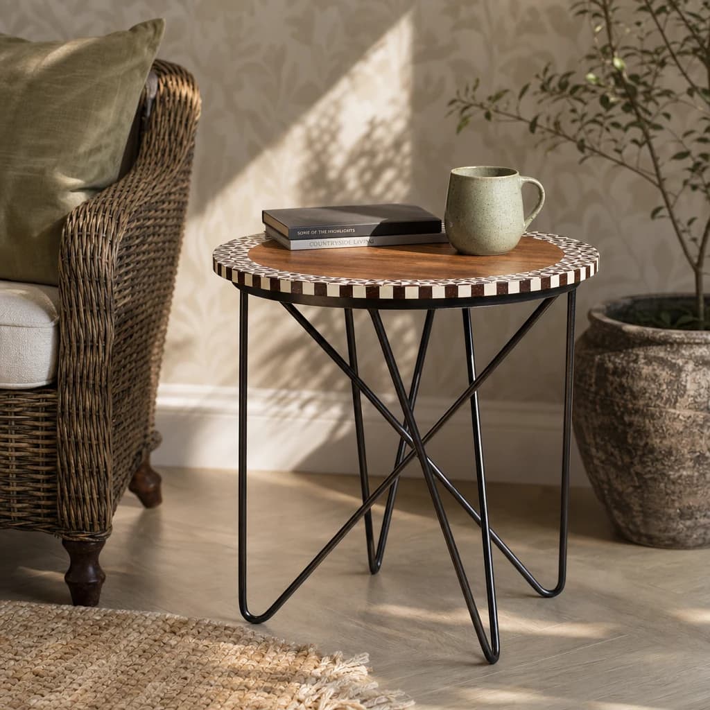 Artisan Round Acacia Wood Side Table with Mosaic Edge - Tables, photo 1 of 6