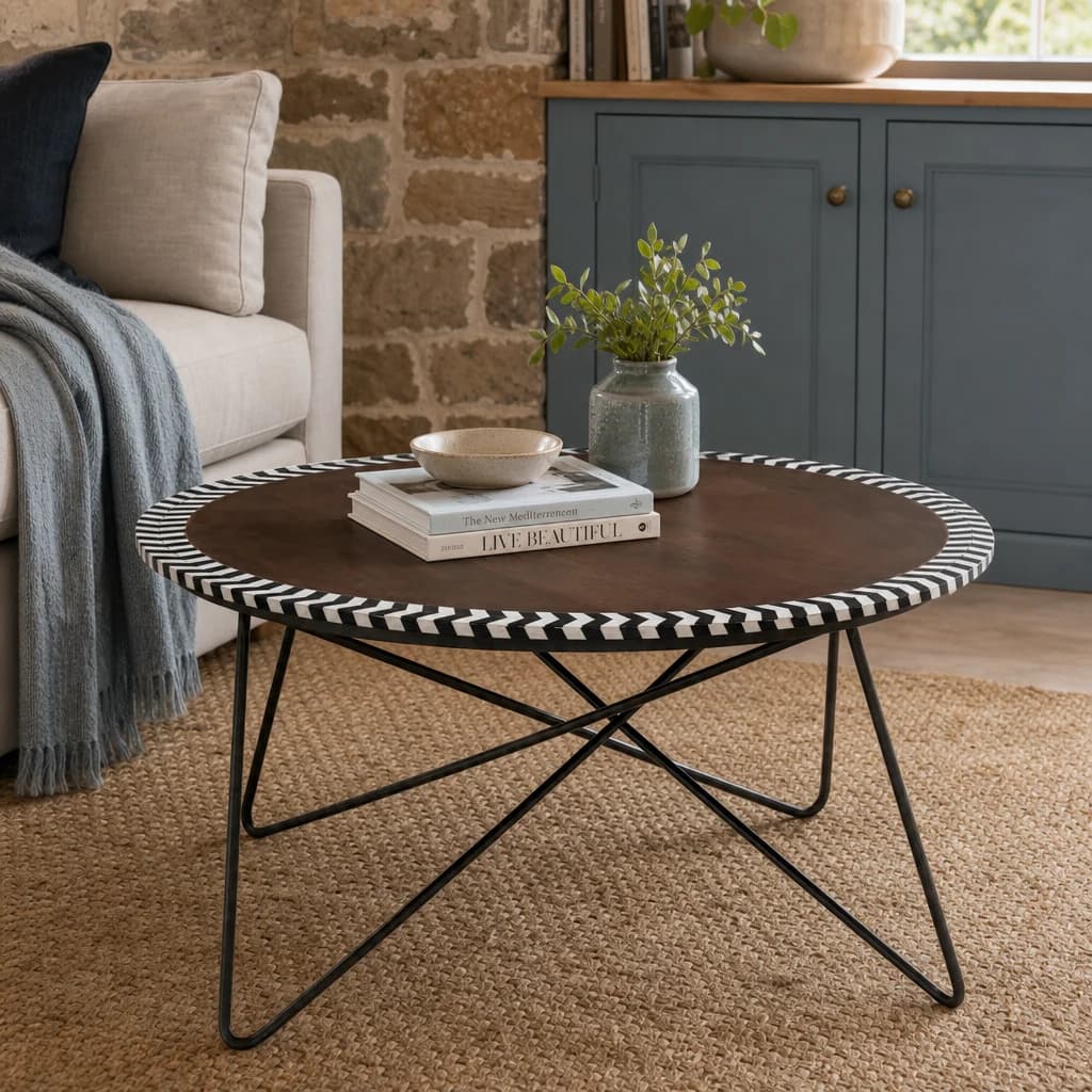 Artisan Round Acacia Wood Coffee Table with Mosaic Edge - Tables, photo 1 of 4