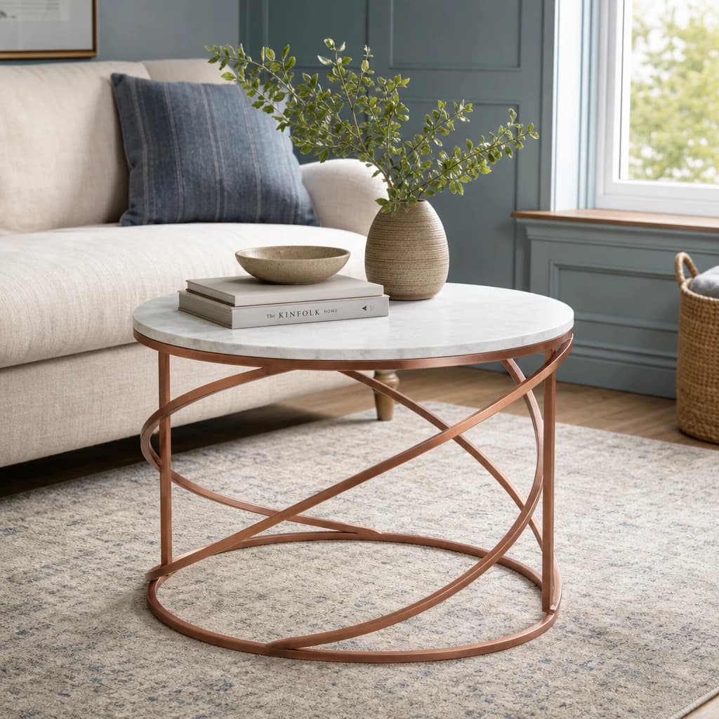 Nirav White Marble and Brass Finish Coffee Table - Tables, photo 1 of 3