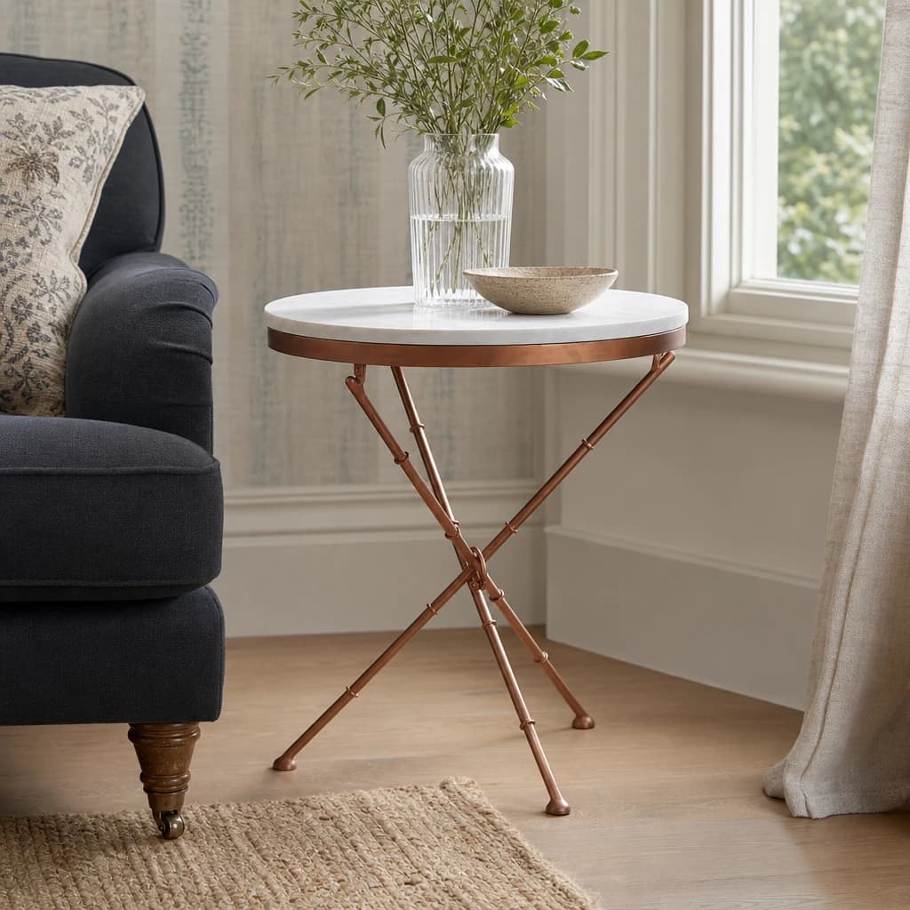 Nirav White Marble and Brass Finish Cross Leg Side Table - Tables, photo 1 of 2