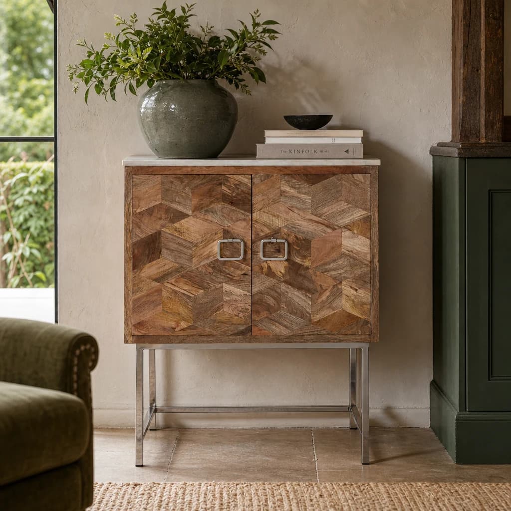 Nirav Marble and Mango Wood Geometric Design Cabinet - Bookcases & shelving, photo 1 of 5