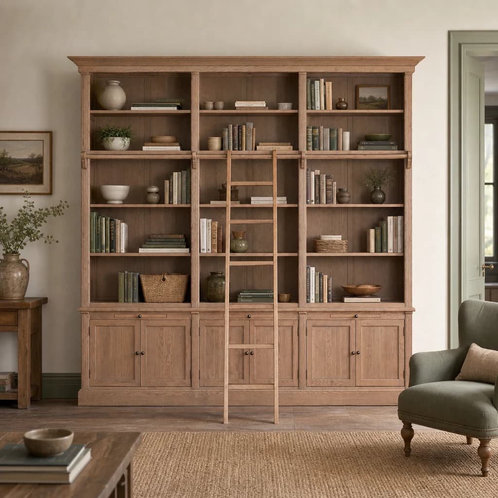 Lyon Washed Grey Oak Wood Large Bookcase With Ladder - Bookcases & shelving, photo 1 of 3