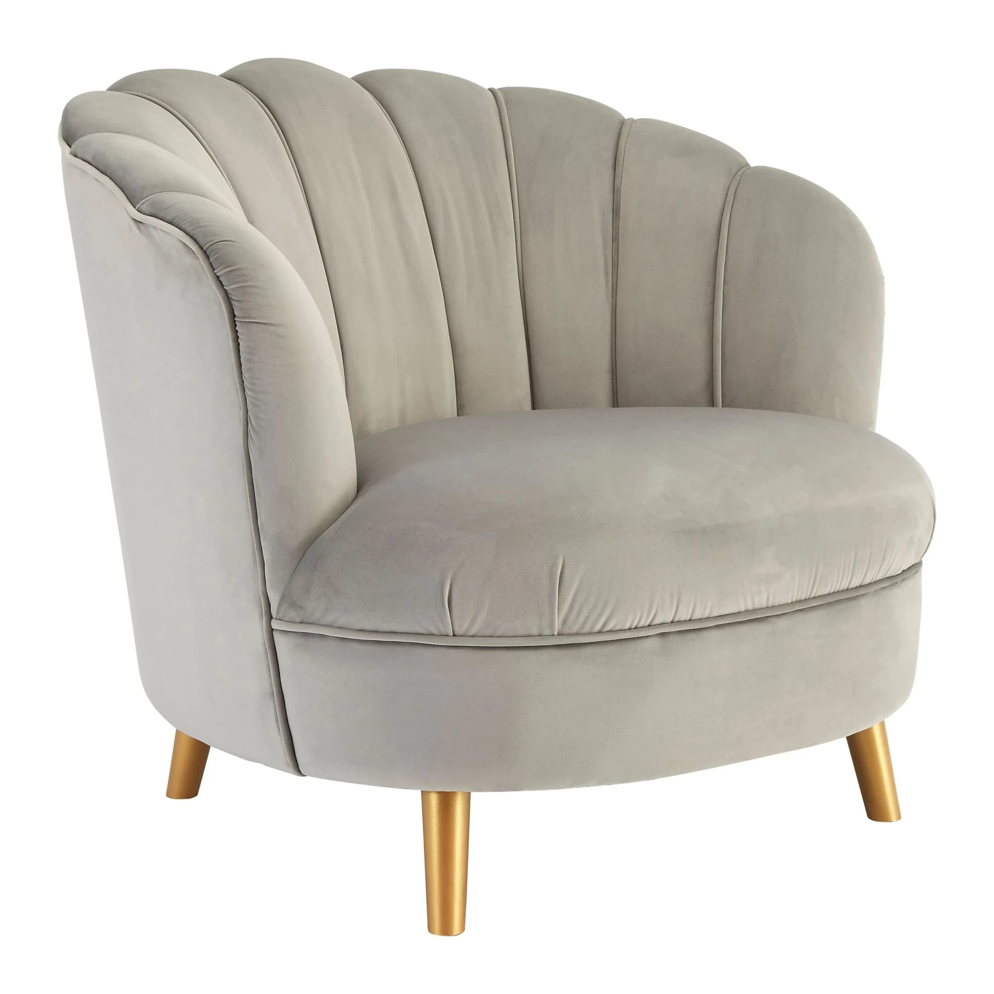 Orlina Grey Velvet Scalloped Curved Chair With Gold Wood Legs - Seating, photo 7 of 8