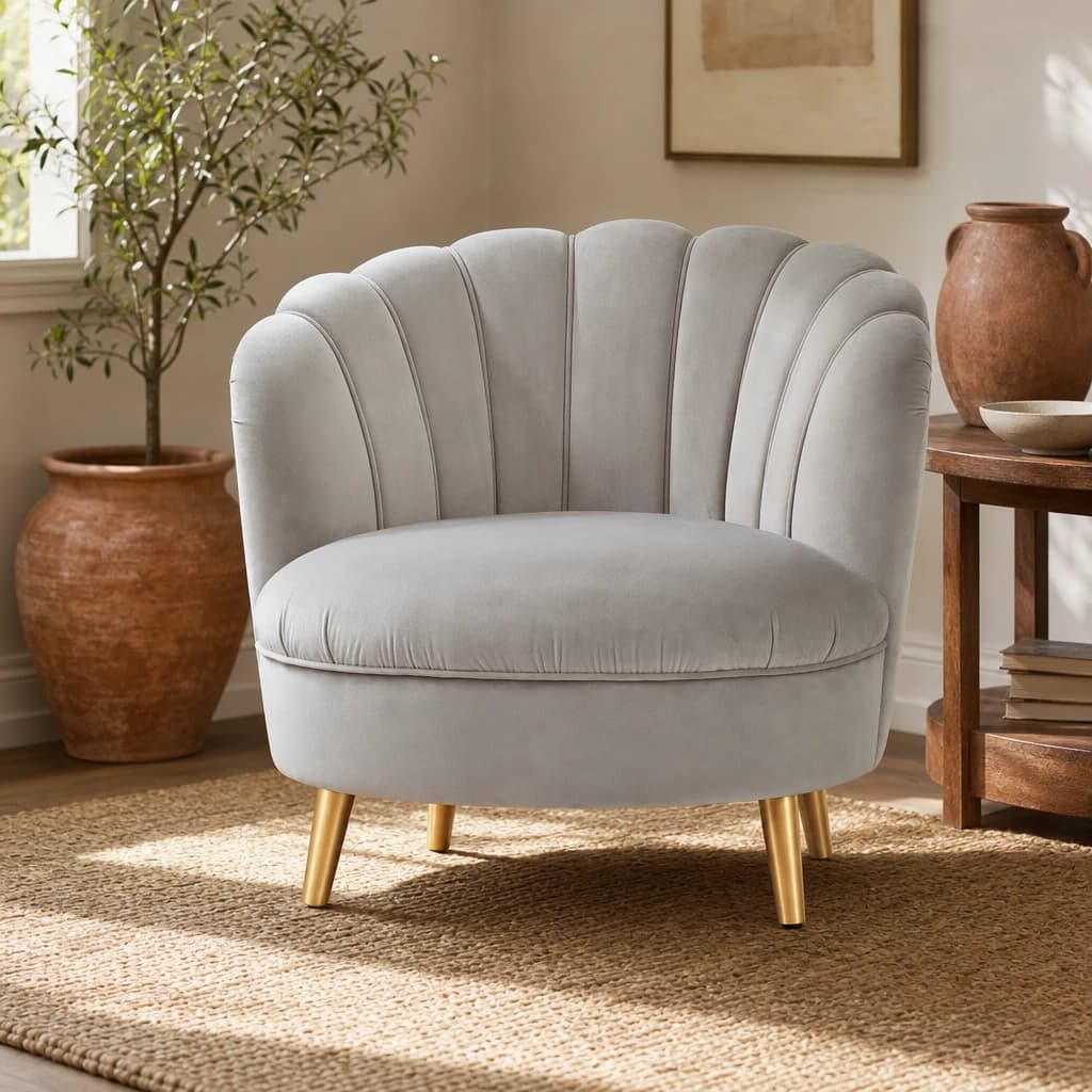 Orlina Grey Velvet Scalloped Curved Chair With Gold Wood Legs - Seating, photo 1 of 8