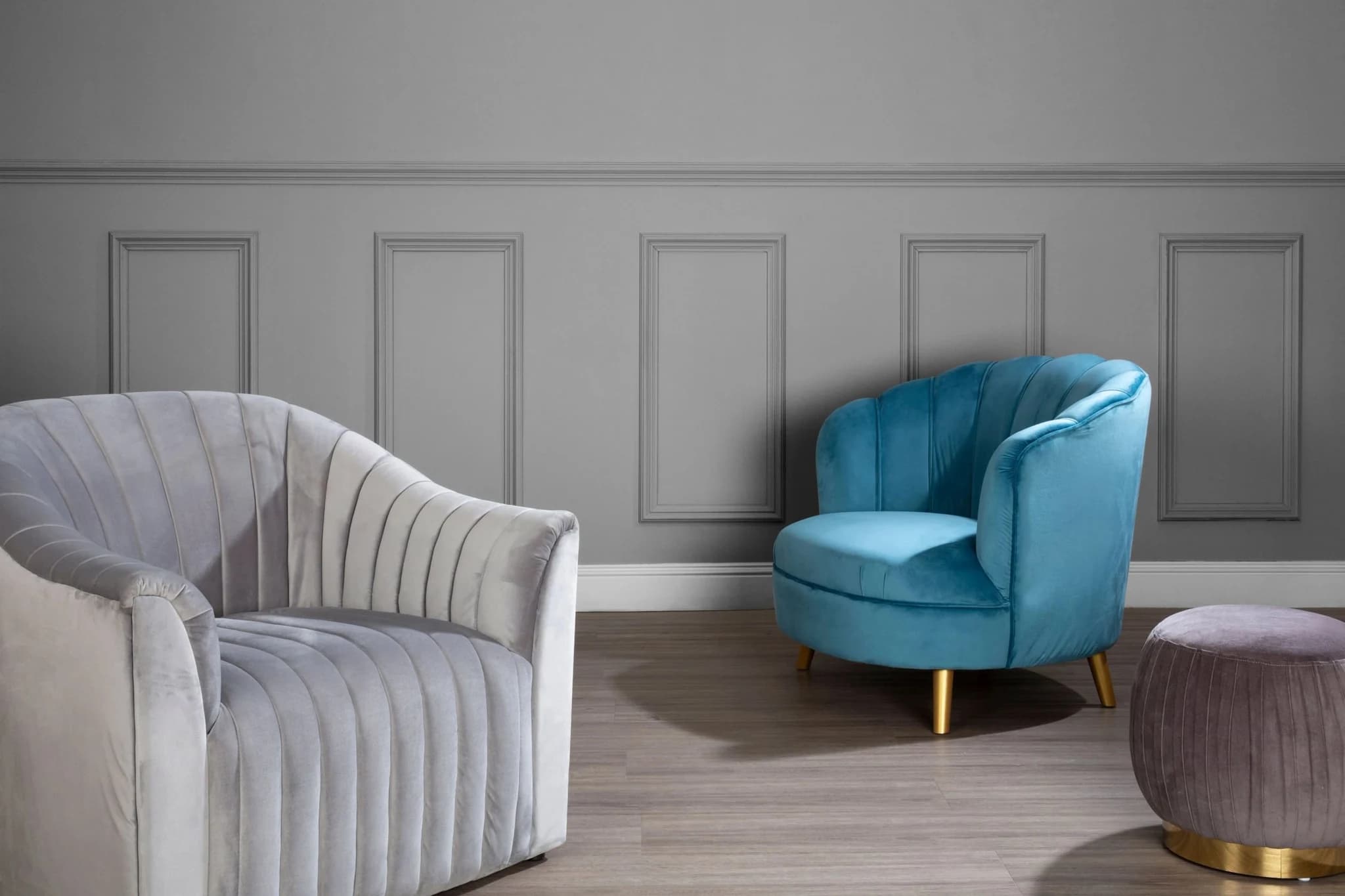 Orlina Blue Velvet Scalloped Curved Chair With Gold Wood Legs - Seating, photo 6 of 8