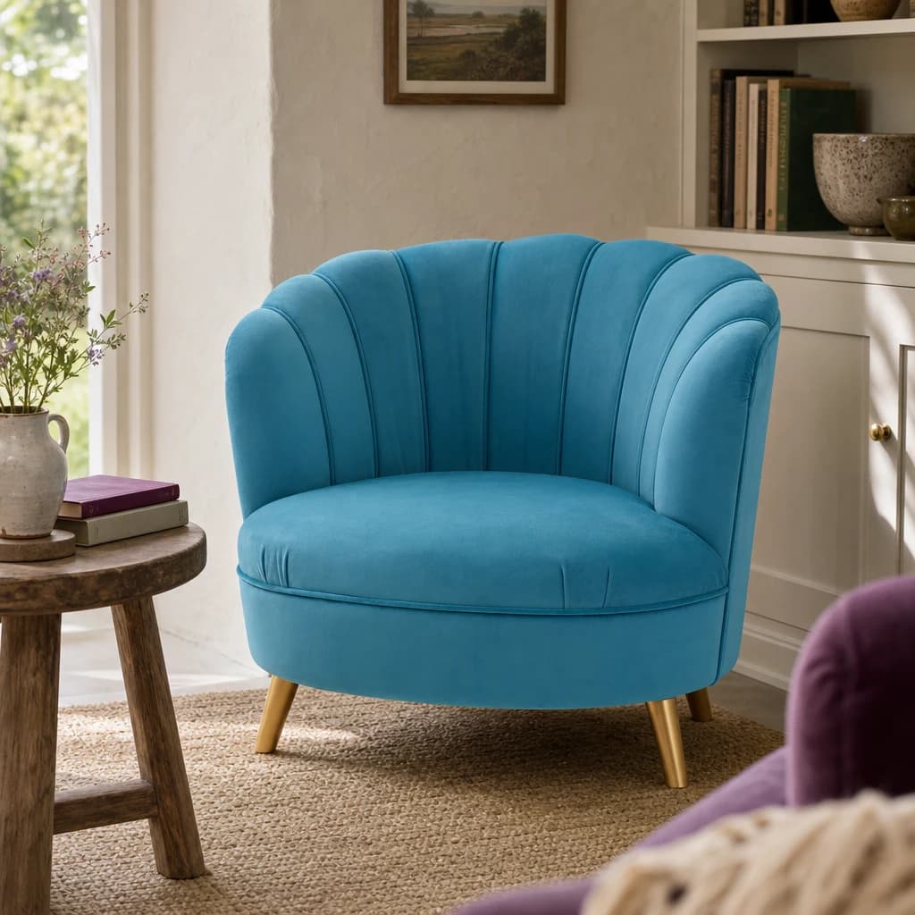 Orlina Blue Velvet Scalloped Curved Chair With Gold Wood Legs - Seating, photo 1 of 8