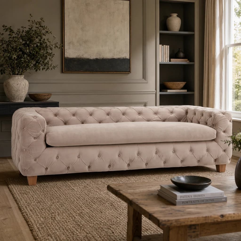 Ophelia 3 Seat Beige Velvet Sofa - Seating, photo 1 of 8