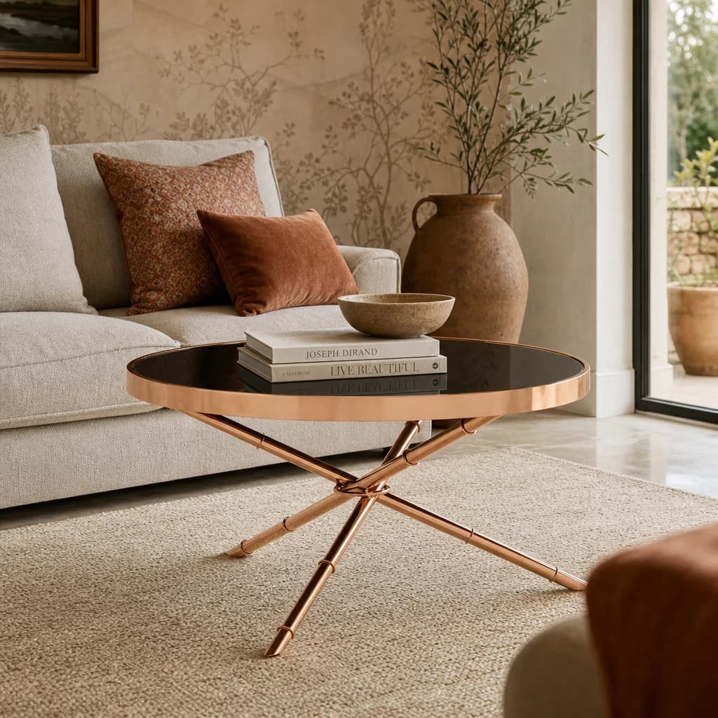 Alvaro Round Coffee Table with Rose Gold Legs and Black Glass Top - Tables, photo 1 of 4