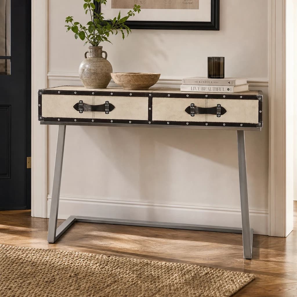 Kensington Townhouse Natural Hair on Leather Console Table with Drawers - Tables, photo 1 of 7