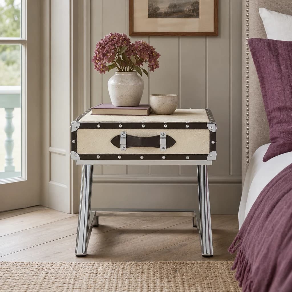 Kensington Townhouse Natural Hair on Leather Leather Side Table with Drawer - Tables, photo 1 of 6