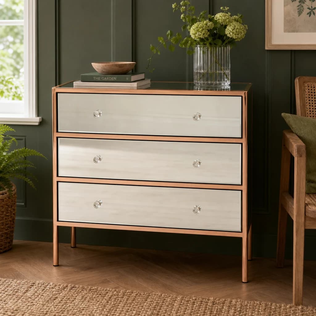 Goldie Mirrored and Rose Gold Finish Chest of 3 Drawers - Furniture, photo 1 of 8