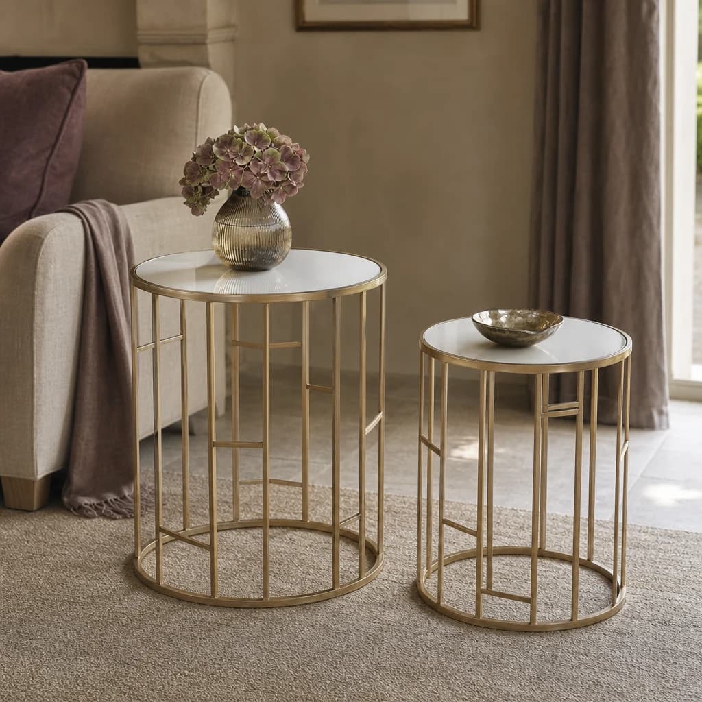 Avantis Set Of 2 Champagne Finish Round Side Tables - Tables, photo 1 of 7