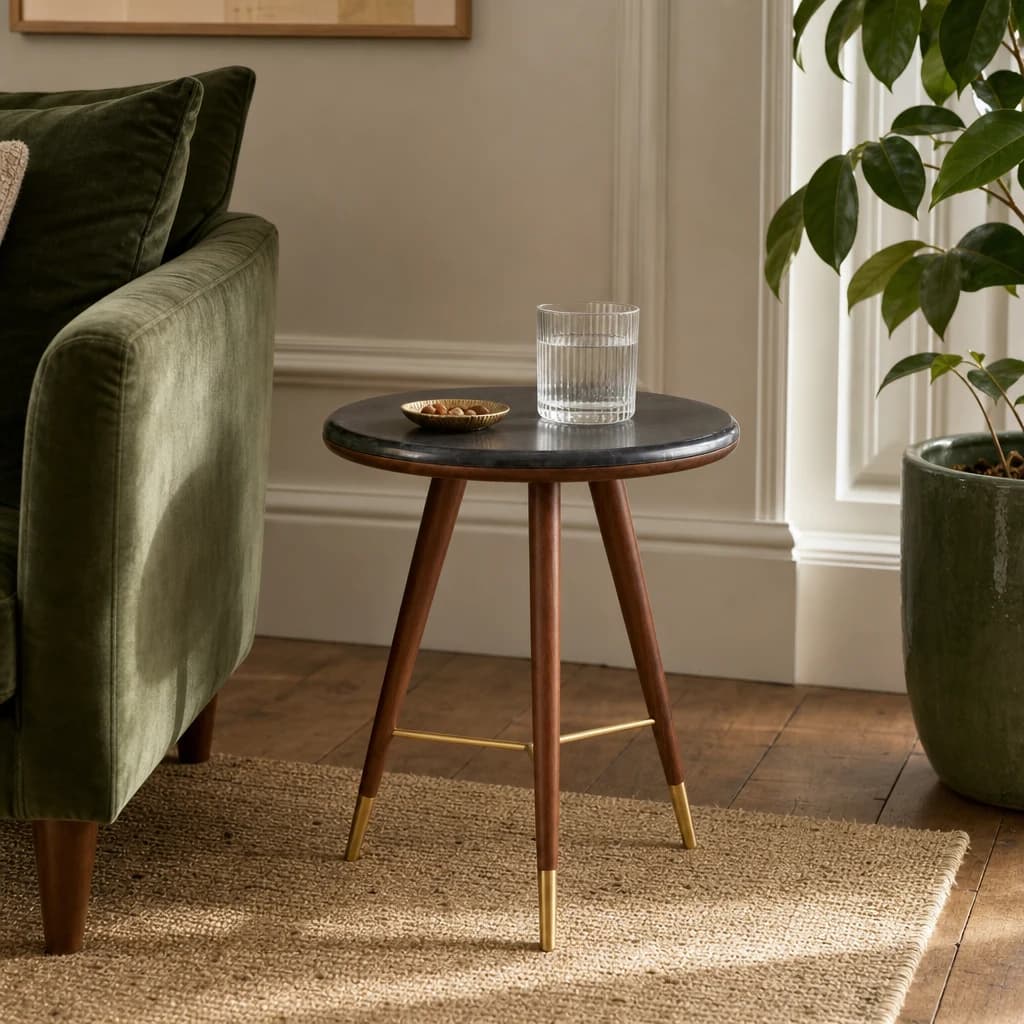 Kenso Grey Marble and Walnut Wood Side Table