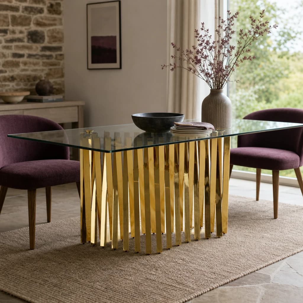 Arezzo Rectangular Glass Top Dining Table With Gold Finish Frame - Tables, photo 1 of 3